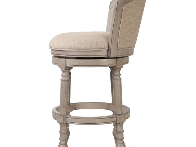 Beige and Gray Fabric Faux Leather and Solid Wood Low Back Bar Height Swivel Bar Chair