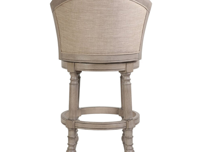 Beige and Gray Fabric Faux Leather and Solid Wood Low Back Bar Height Swivel Bar Chair