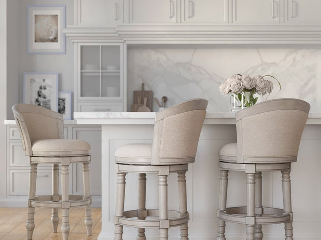 Beige and Gray Fabric Faux Leather and Solid Wood Low Back Bar Height Swivel Bar Chair