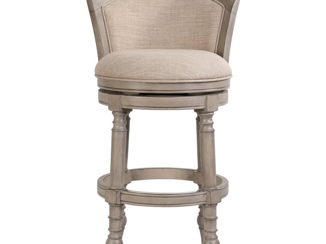 Beige and Gray Fabric Faux Leather and Solid Wood Low Back Bar Height Swivel Bar Chair