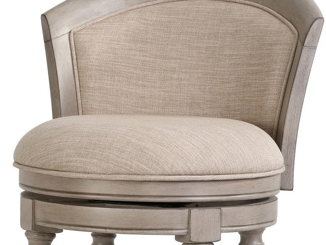 Beige and Gray Fabric Faux Leather and Solid Wood Low Back Bar Height Swivel Bar Chair