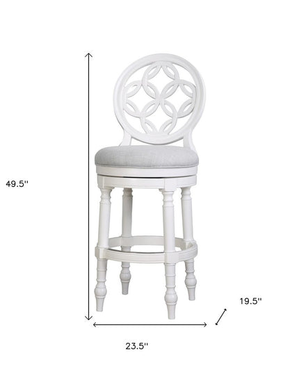 Gray and White Fabric and Solid Wood Bar Height Swivel Bar Chair