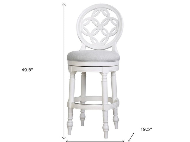 Gray and White Fabric and Solid Wood Bar Height Swivel Bar Chair