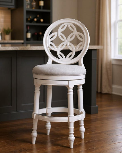 Gray and White Fabric and Solid Wood Bar Height Swivel Bar Chair
