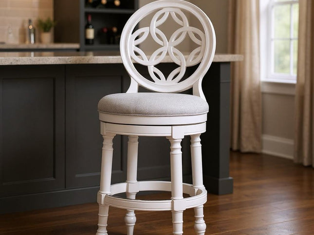 Gray and White Fabric and Solid Wood Bar Height Swivel Bar Chair