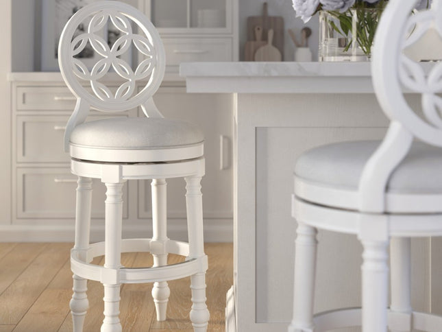 Gray and White Fabric and Solid Wood Bar Height Swivel Bar Chair