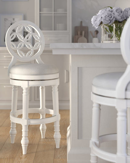 Gray and White Fabric and Solid Wood Bar Height Swivel Bar Chair