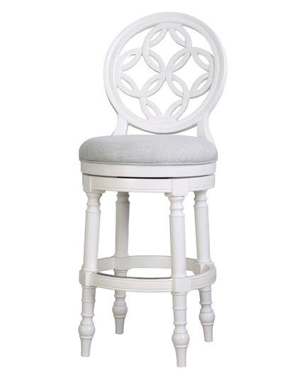 Gray and White Fabric and Solid Wood Bar Height Swivel Bar Chair