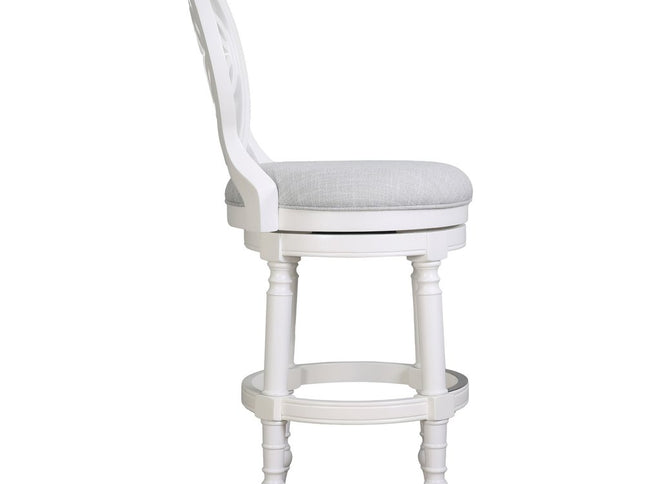 Gray and White Fabric and Solid Wood Bar Height Swivel Bar Chair