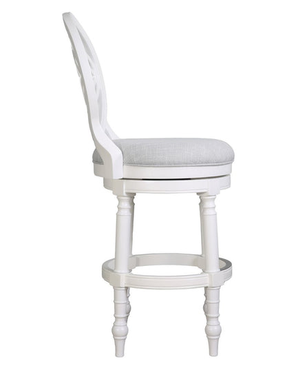 Gray and White Fabric and Solid Wood Bar Height Swivel Bar Chair