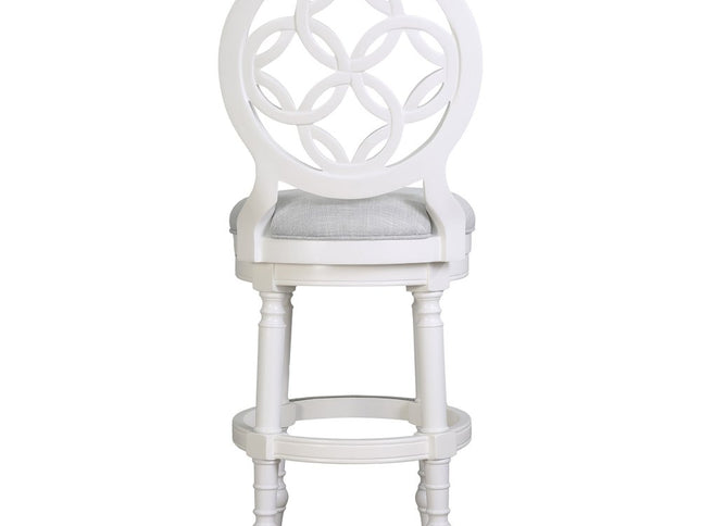 Gray and White Fabric and Solid Wood Bar Height Swivel Bar Chair