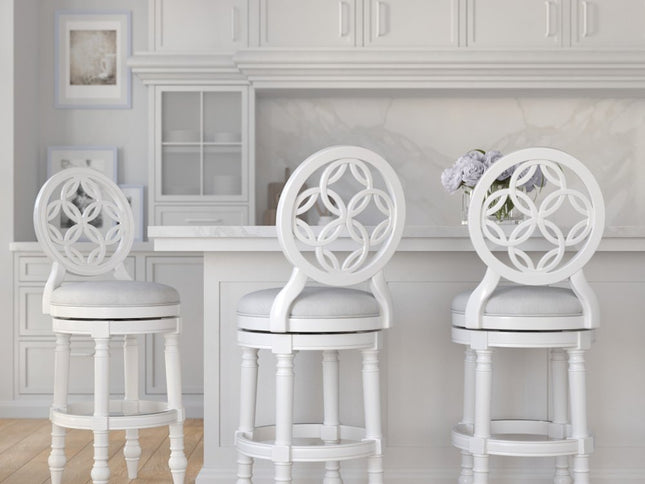 Gray and White Fabric and Solid Wood Bar Height Swivel Bar Chair