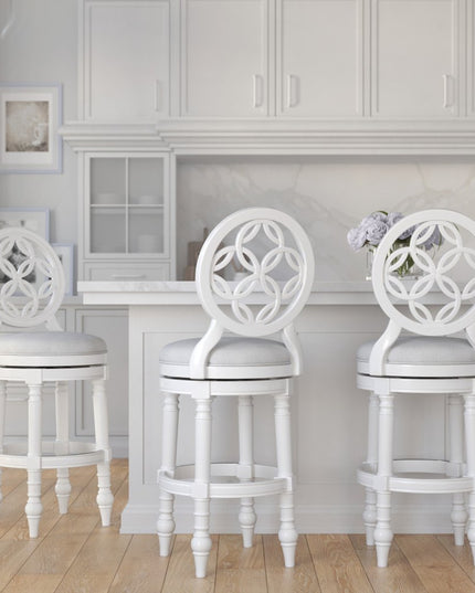 Gray and White Fabric and Solid Wood Bar Height Swivel Bar Chair