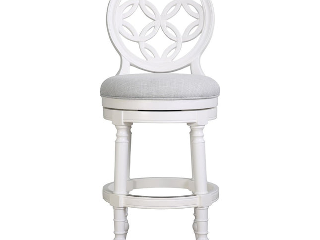 Gray and White Fabric and Solid Wood Bar Height Swivel Bar Chair
