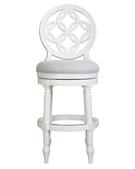 Gray and White Fabric and Solid Wood Bar Height Swivel Bar Chair