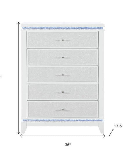 36" White Faux Crystal Glitter Wood Lighted Five Drawer Dresser