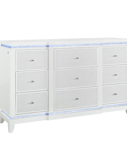 62" White Faux Crystal Glitter Wood Lighted Nine Drawer Triple Dresser