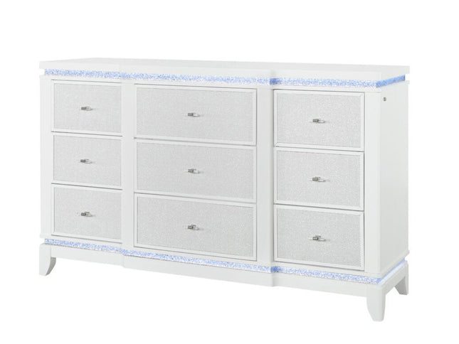 62" White Faux Crystal Glitter Wood Lighted Nine Drawer Triple Dresser