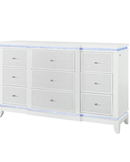 62" White Faux Crystal Glitter Wood Lighted Nine Drawer Triple Dresser