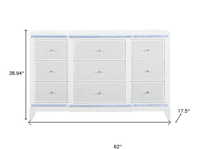 62" White Faux Crystal Glitter Wood Lighted Nine Drawer Triple Dresser