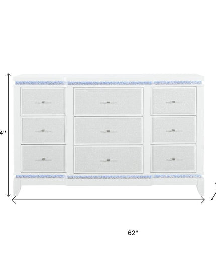 62" White Faux Crystal Glitter Wood Lighted Nine Drawer Triple Dresser