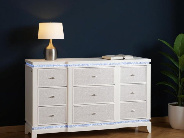 62" White Faux Crystal Glitter Wood Lighted Nine Drawer Triple Dresser