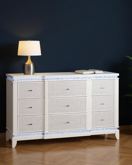 62" White Faux Crystal Glitter Wood Lighted Nine Drawer Triple Dresser