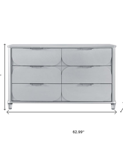 63" Silver Wood Six Drawer Double Dresser