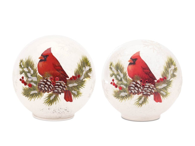 Set of Two White And Red Glass Bird Tabletop Sculpture with LED