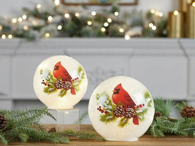 Set of Two White And Red Glass Bird Tabletop Sculpture with LED