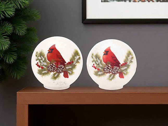Set of Two White And Red Glass Bird Tabletop Sculpture with LED