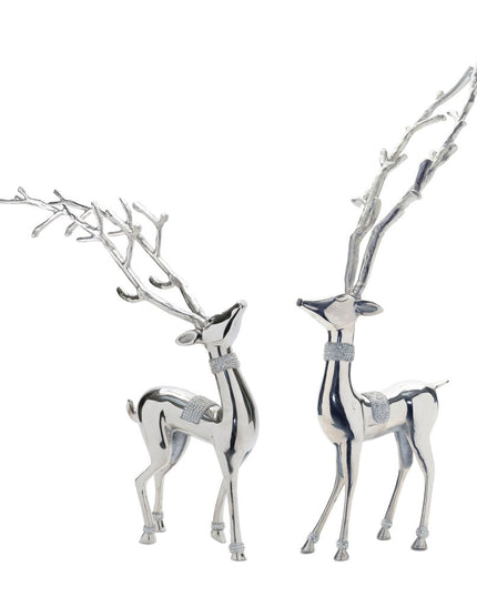 Set of Two Silver Aluminum Deer Tabletop Sculpture