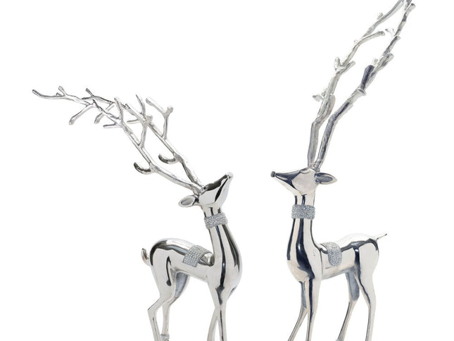 Set of Two Silver Aluminum Deer Tabletop Sculpture