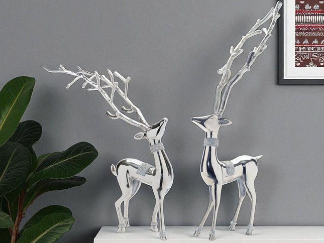 Set of Two Silver Aluminum Deer Tabletop Sculpture