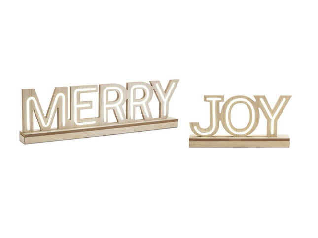 Set of Two Beige And White Christmas Tabletop Sign with LED