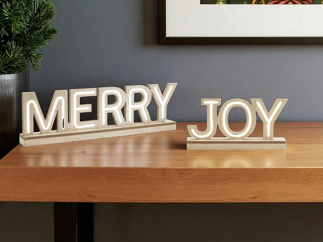 Set of Two Beige And White Christmas Tabletop Sign with LED