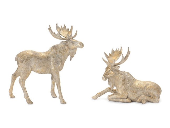 Set of Two Gold And Beige Polyresin Moose Christmas Figurine
