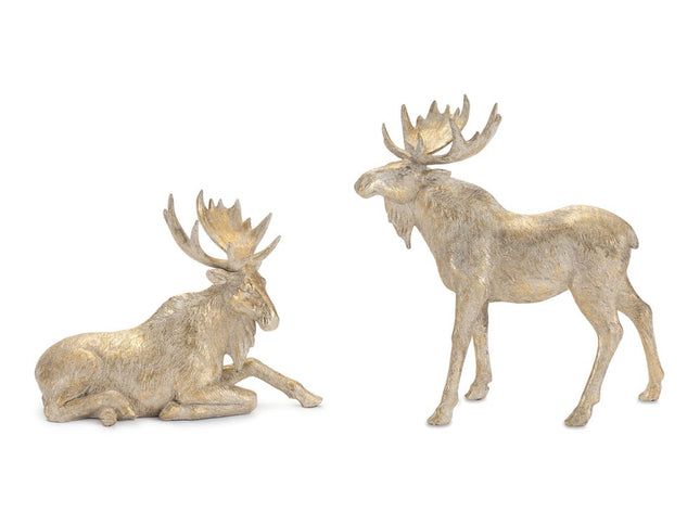 Set of Two Gold And Beige Polyresin Moose Christmas Figurine