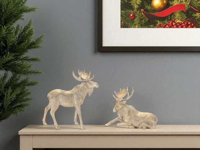 Set of Two Gold And Beige Polyresin Moose Christmas Figurine