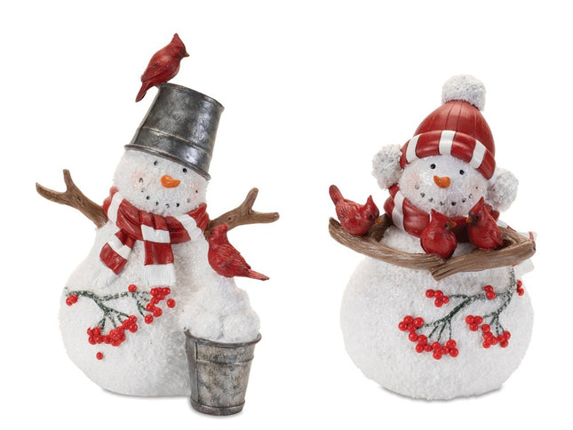 Set of Two White Red And Silver Polyresin Christmas Snowman Figurine