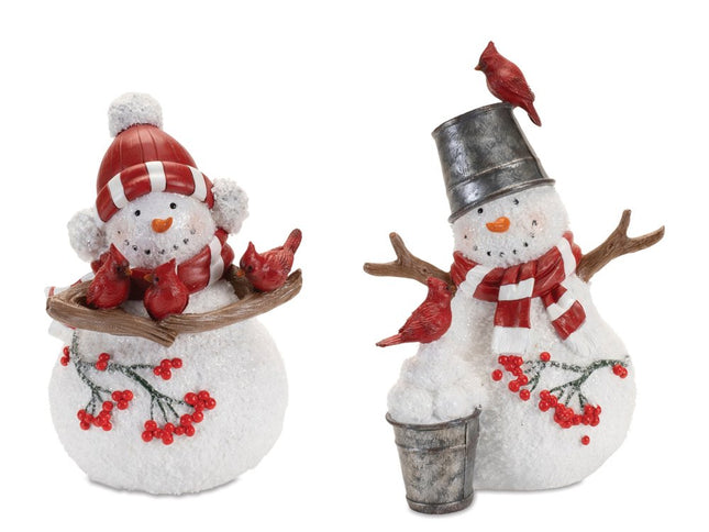 Set of Two White Red And Silver Polyresin Christmas Snowman Figurine