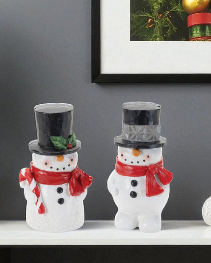 Set of Two White Red And Silver Polyresin Christmas Snowman Figurine