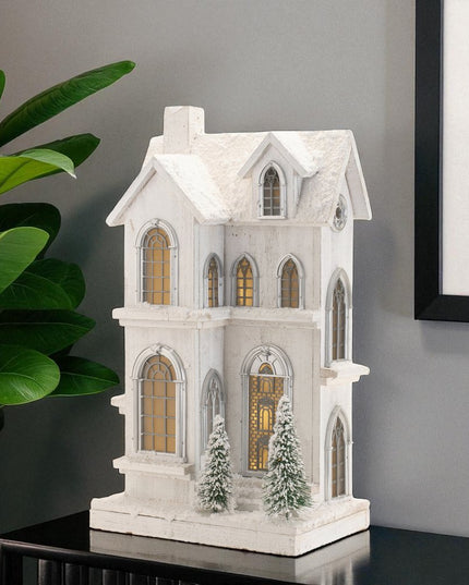 22" White And Green Wood Tabletop Sculpture with LED