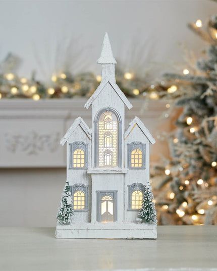 22" White And Green Wood Tabletop Sculpture with LED