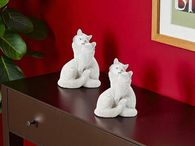 Set of Two White Polyresin Fox Figurine