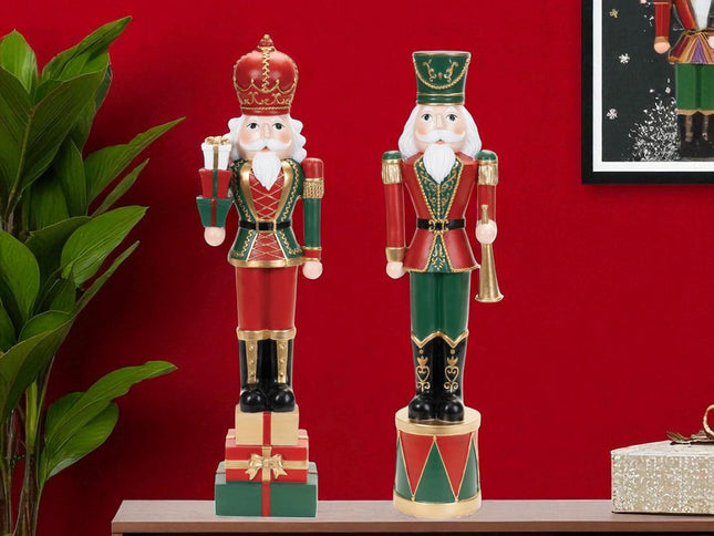 Set of Two Red Green And Black Polyresin Tabletop Sculpture