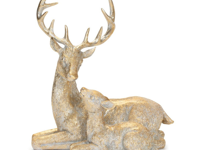 Set of Two Gold And White Polyresin Deer Christmas Figurine