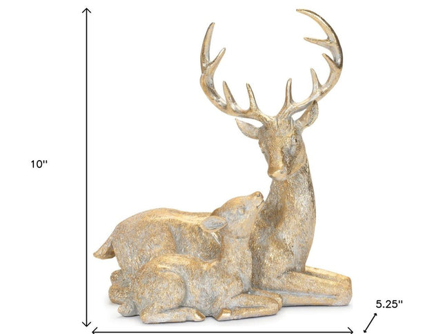 Set of Two Gold And White Polyresin Deer Christmas Figurine