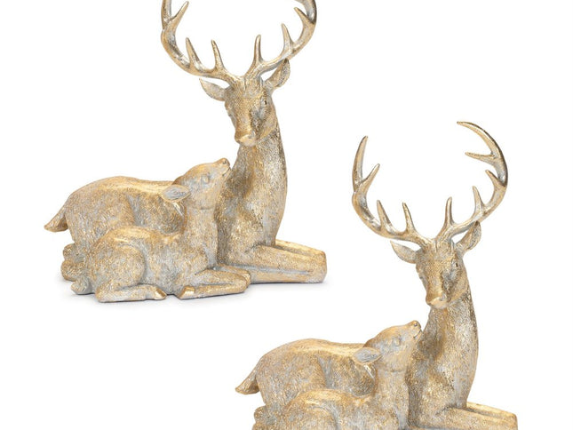 Set of Two Gold And White Polyresin Deer Christmas Figurine