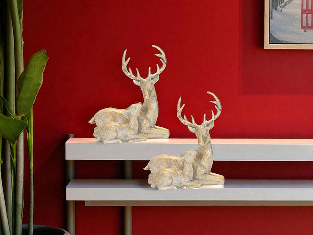 Set of Two Gold And White Polyresin Deer Christmas Figurine